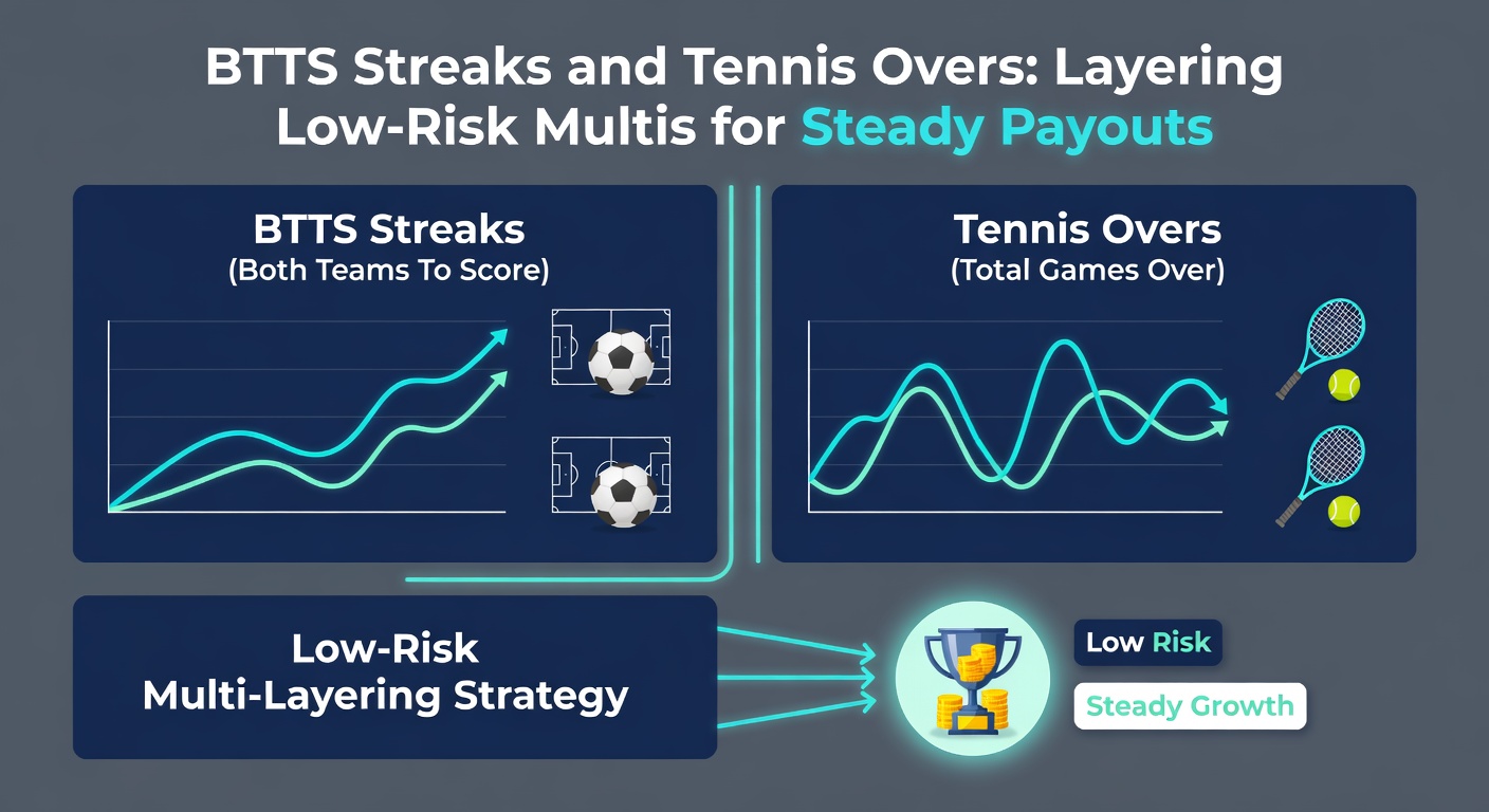 Data charts showing BTTS percentages overlaid with tennis game totals, illustrating multi-bet layering strategies