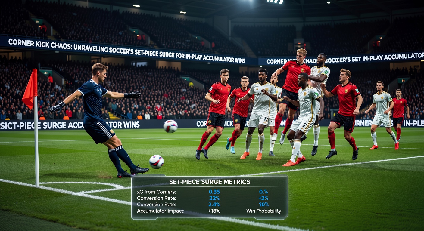 Close-up of a soccer player taking a corner kick, crowd blurred in background