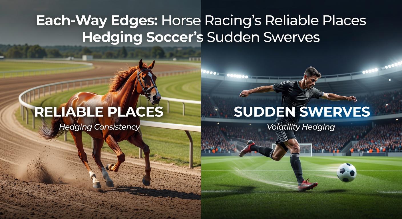 Soccer match in progress with a player swerving past defenders for a sudden goal, contrasted against a close-up horse race place finish, symbolizing hedging dynamics