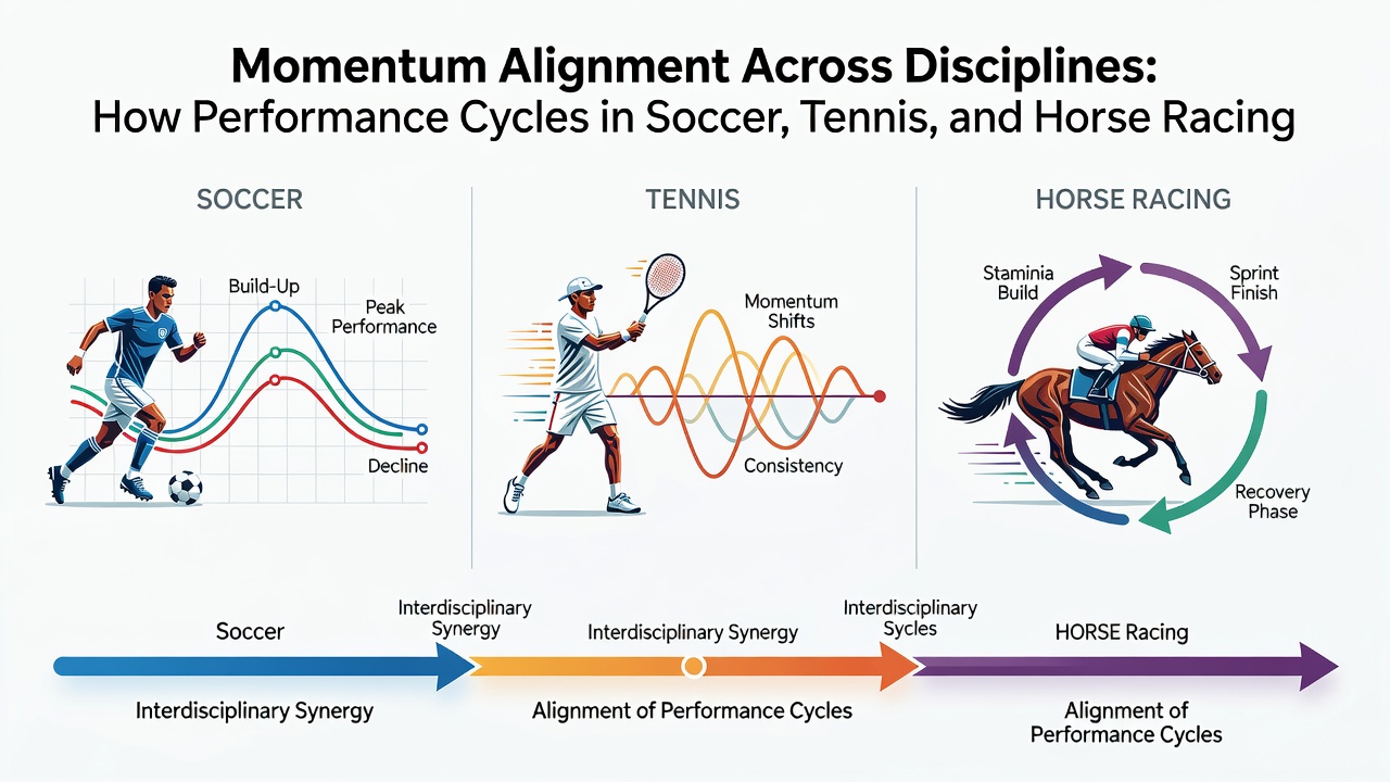 Layered performance data visualization showing aligned cycles in soccer, tennis, and horse racing