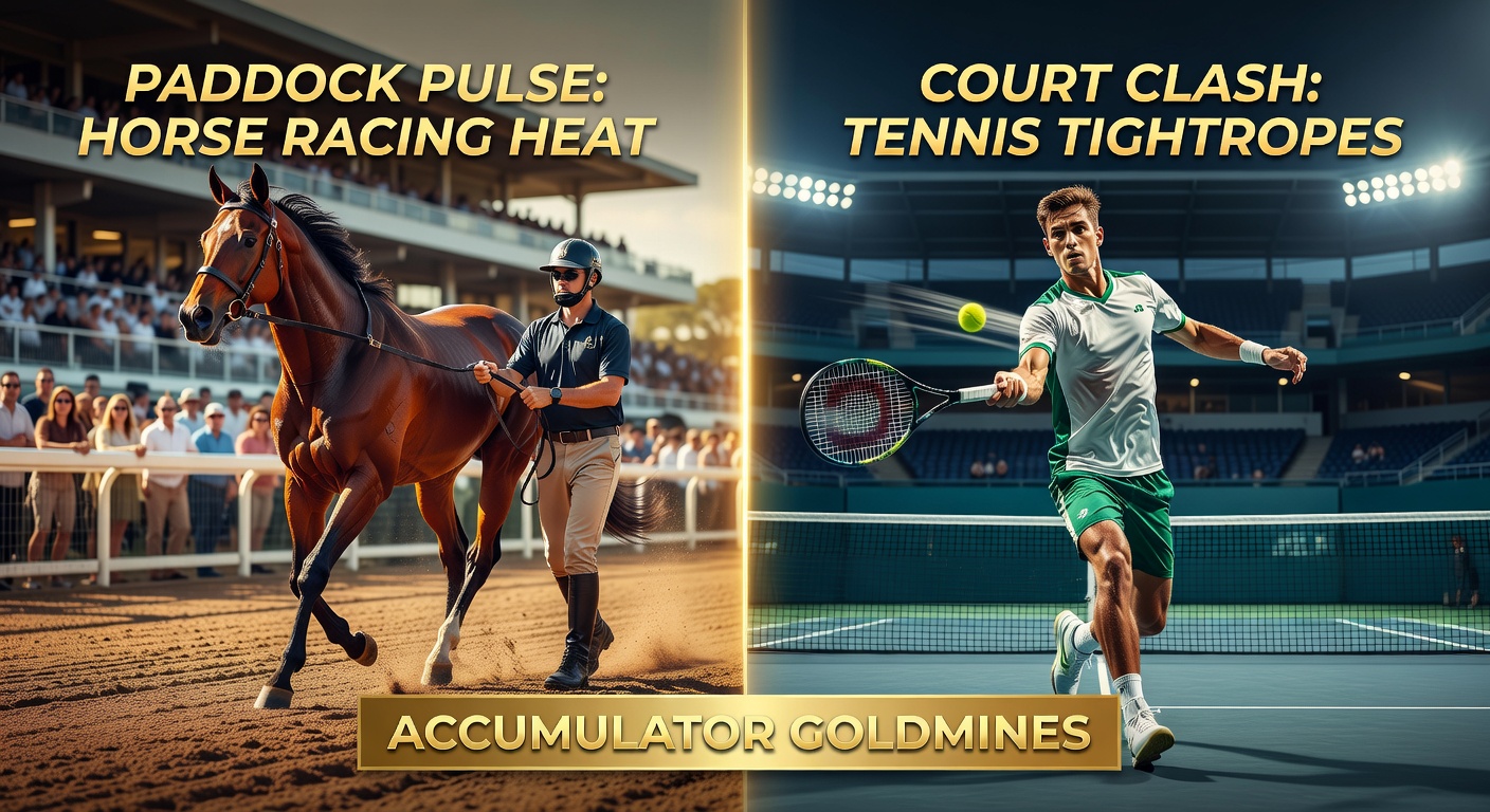 Dynamic split-image of galloping horses on a track alongside intense tennis players mid-volley, highlighting betting crossover potential