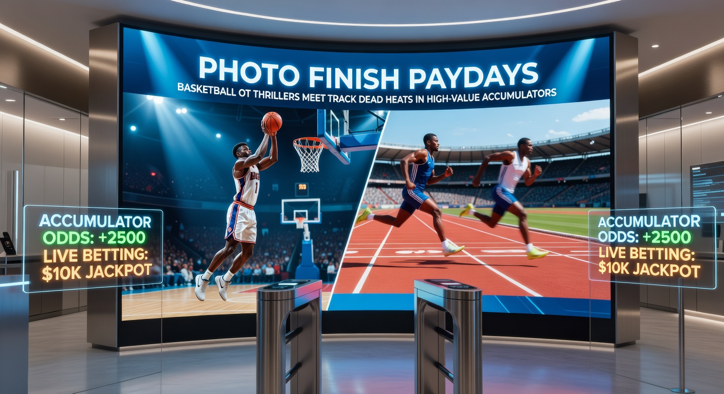 Close-up of a track photo finish where two horses cross the line neck-and-neck, with inset of basketball buzzer-beater in overtime