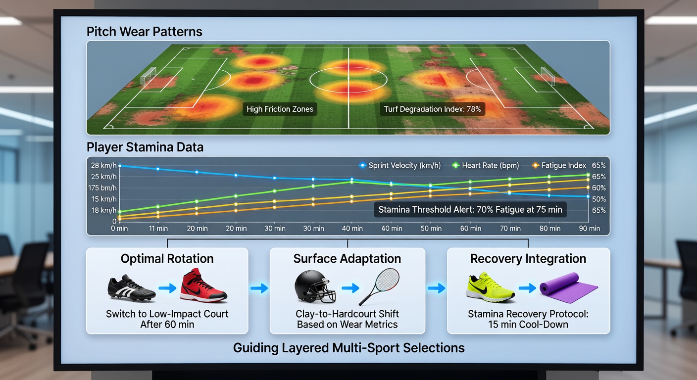 Athletes reviewing stamina analytics on tablets beside a multi-sport training pitch with visible wear zones
