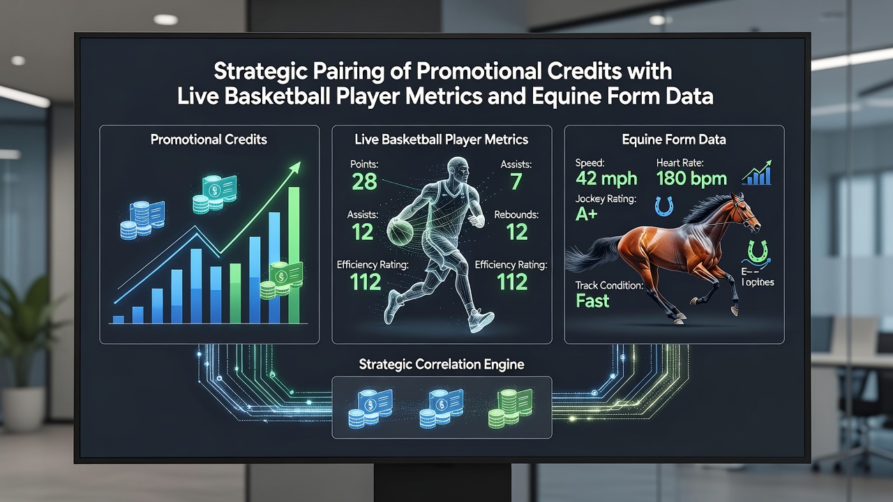 Chart displaying layered accumulator structure with basketball metrics, horse form data, and credit allocation icons