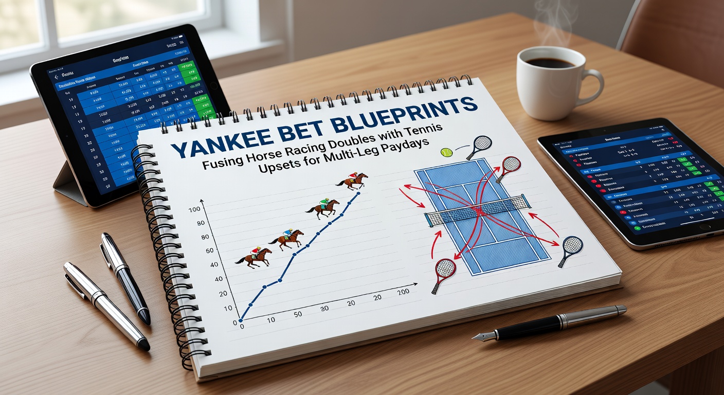 Split-image showing a horse race finish line next to a dramatic tennis upset moment, with Yankee bet payout calculations overlaid